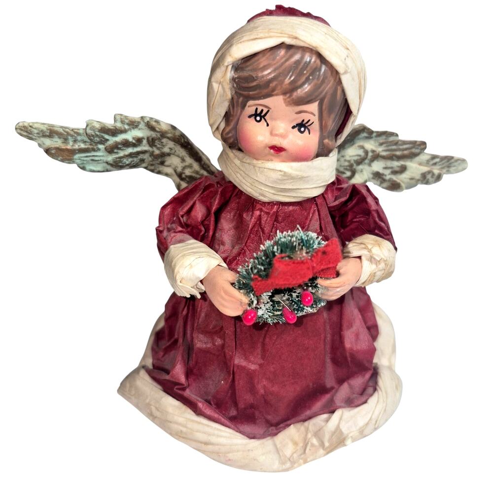 Vintage 1970s Crepe Paper & Spun Cotton Paper Mache Christmas Angel Decor 4"
